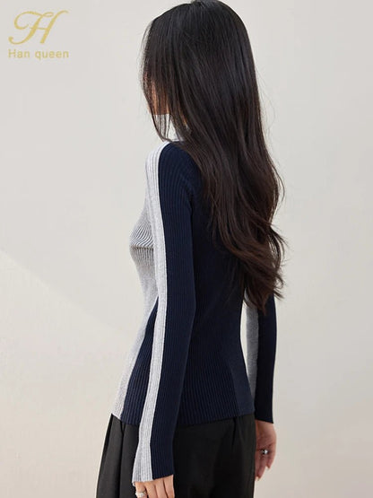 Long - Sleeve Colorblock Sweater – Simple Retro Style - LunaKit.LTD