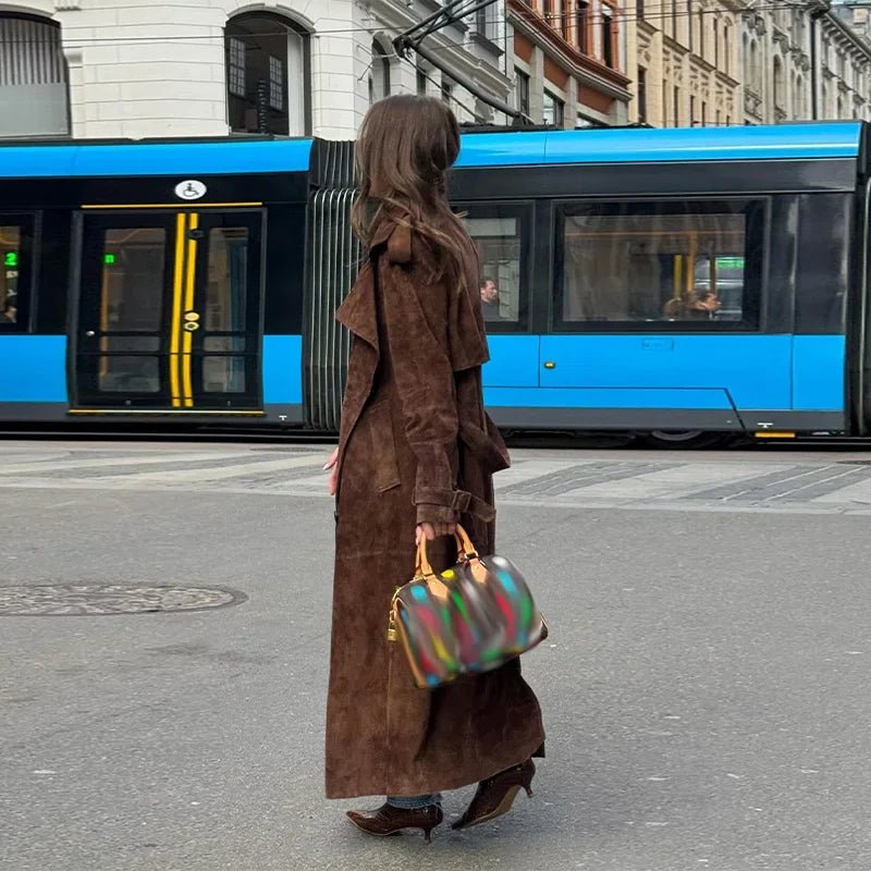 Long Suede Trench Coat – Belted Double - Breasted Elegance - LunaKit.LTD