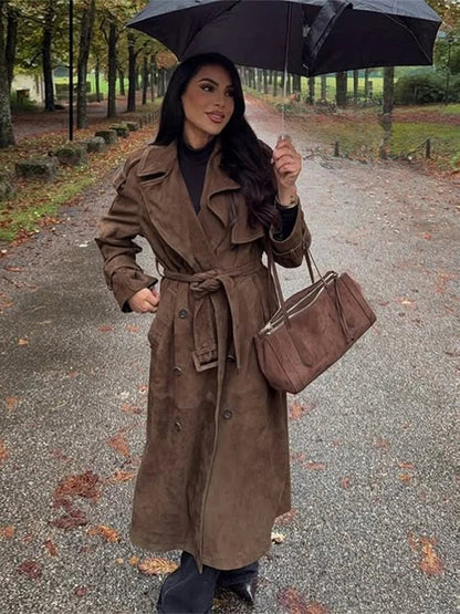 Long Suede Trench Coat – Belted Double - Breasted Elegance - LunaKit.LTD