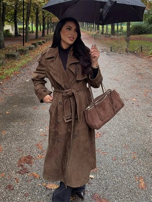 Long Suede Trench Coat – Belted Double - Breasted Elegance - LunaKit.LTD
