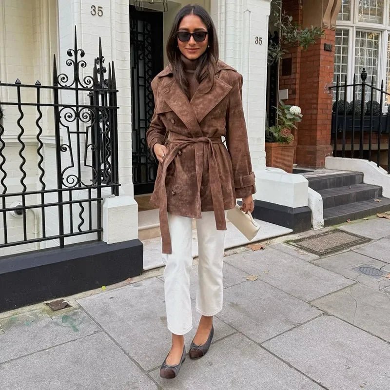 Long Suede Trench Coat – Belted Double - Breasted Elegance - LunaKit.LTD