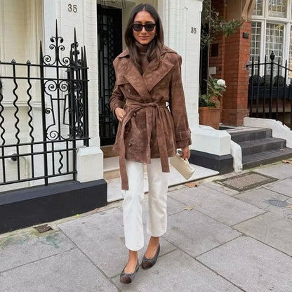 Long Suede Trench Coat – Belted Double - Breasted Elegance - LunaKit.LTD