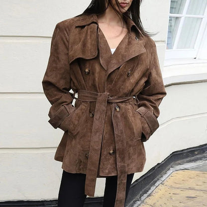 Long Suede Trench Coat – Belted Double - Breasted Elegance - LunaKit.LTD