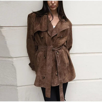 Long Suede Trench Coat – Belted Double - Breasted Elegance - LunaKit.LTD