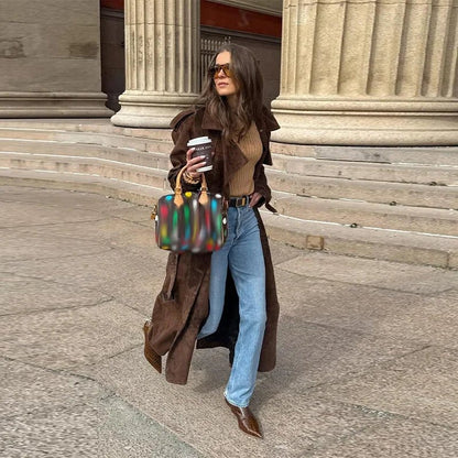 Long Suede Trench Coat – Belted Double - Breasted Elegance - LunaKit.LTD