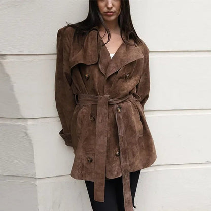 Long Suede Trench Coat – Belted Double - Breasted Elegance - LunaKit.LTD