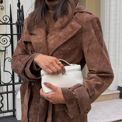 Long Suede Trench Coat – Belted Double - Breasted Elegance - LunaKit.LTD