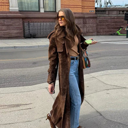 Long Suede Trench Coat – Belted Double - Breasted Elegance - LunaKit.LTD