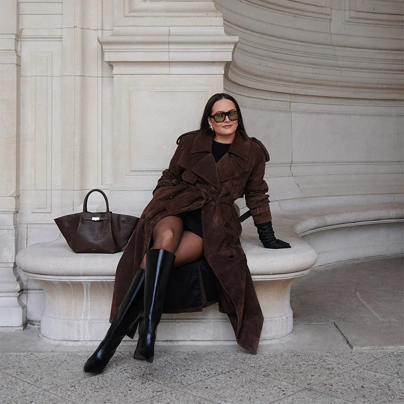 Long Suede Trench Coat – Belted Double - Breasted Elegance - LunaKit.LTD