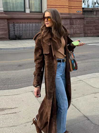 Long Suede Trench Coat – Belted Double - Breasted Elegance - LunaKit.LTD