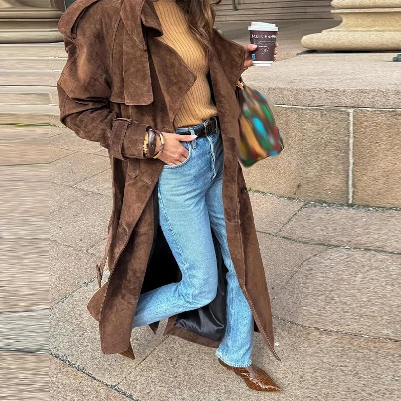 Long Suede Trench Coat – Belted Double - Breasted Elegance - LunaKit.LTD