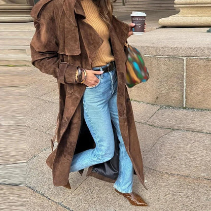 Long Suede Trench Coat – Belted Double - Breasted Elegance - LunaKit.LTD