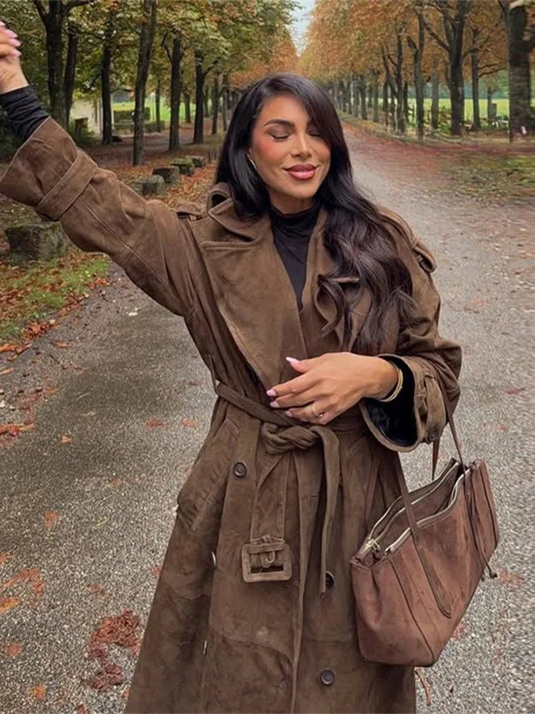 Long Suede Trench Coat – Belted Double - Breasted Elegance - LunaKit.LTD