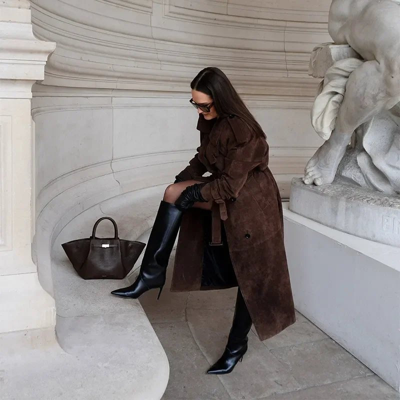 Long Suede Trench Coat – Belted Double - Breasted Elegance - LunaKit.LTD