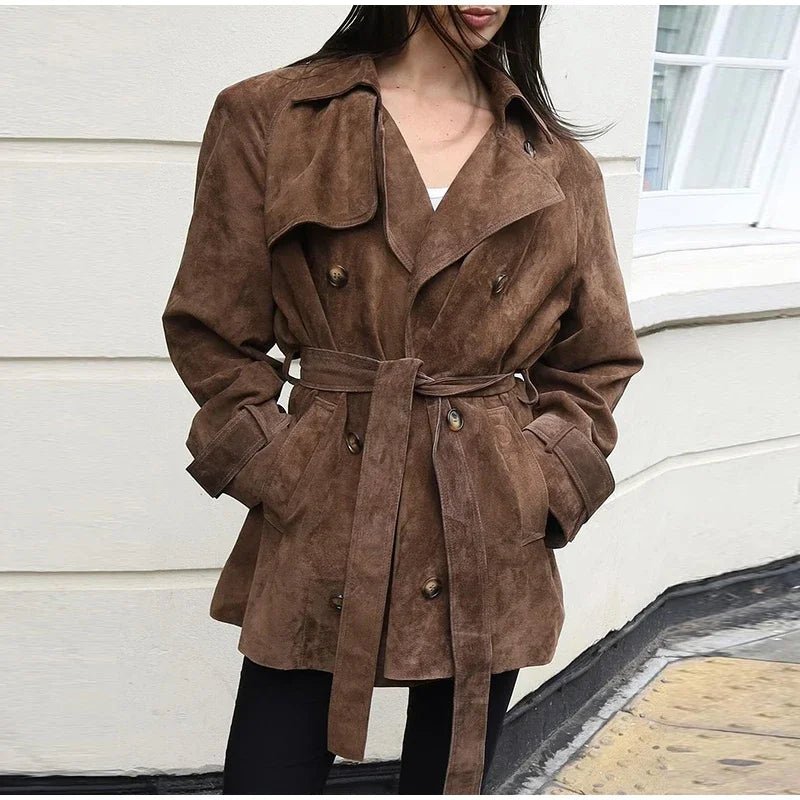 Long Suede Trench Coat – Belted Double - Breasted Elegance - LunaKit.LTD