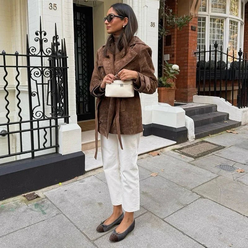 Long Suede Trench Coat – Belted Double - Breasted Elegance - LunaKit.LTD