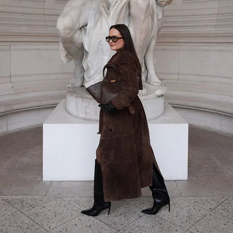Long Suede Trench Coat – Belted Double - Breasted Elegance - LunaKit.LTD