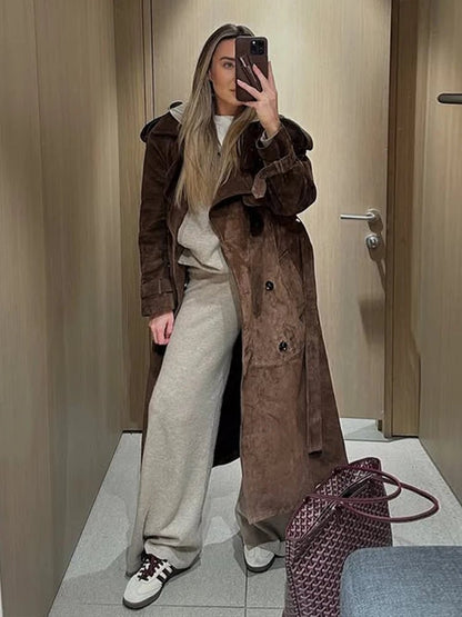 Long Suede Trench Coat – Belted Double - Breasted Elegance - LunaKit.LTD
