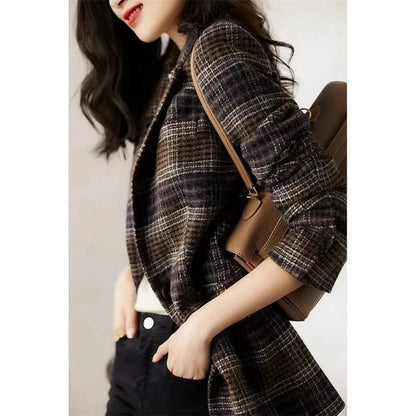 Loose Plaid Coat – Retro Wool Blend Style - LunaKit.LTD