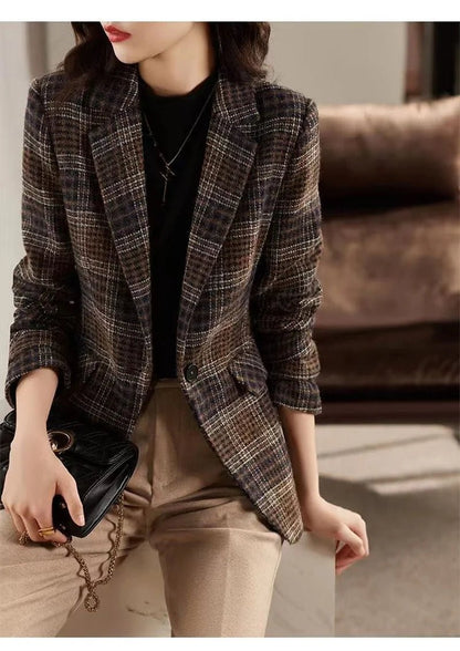 Loose Plaid Coat – Retro Wool Blend Style - LunaKit.LTD