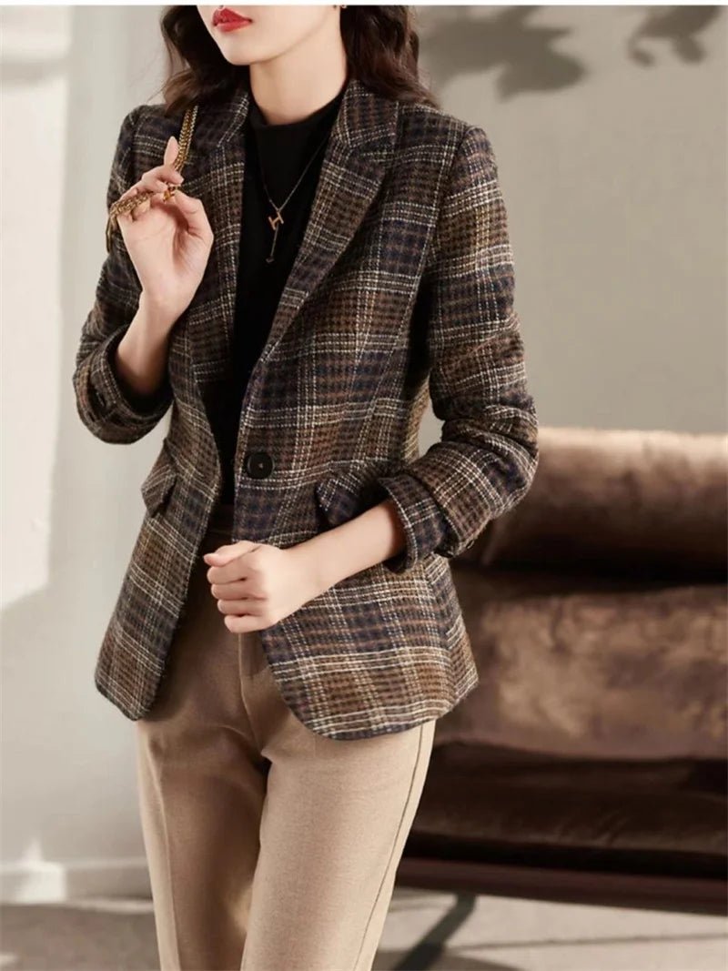 Loose Plaid Coat – Retro Wool Blend Style - LunaKit.LTD