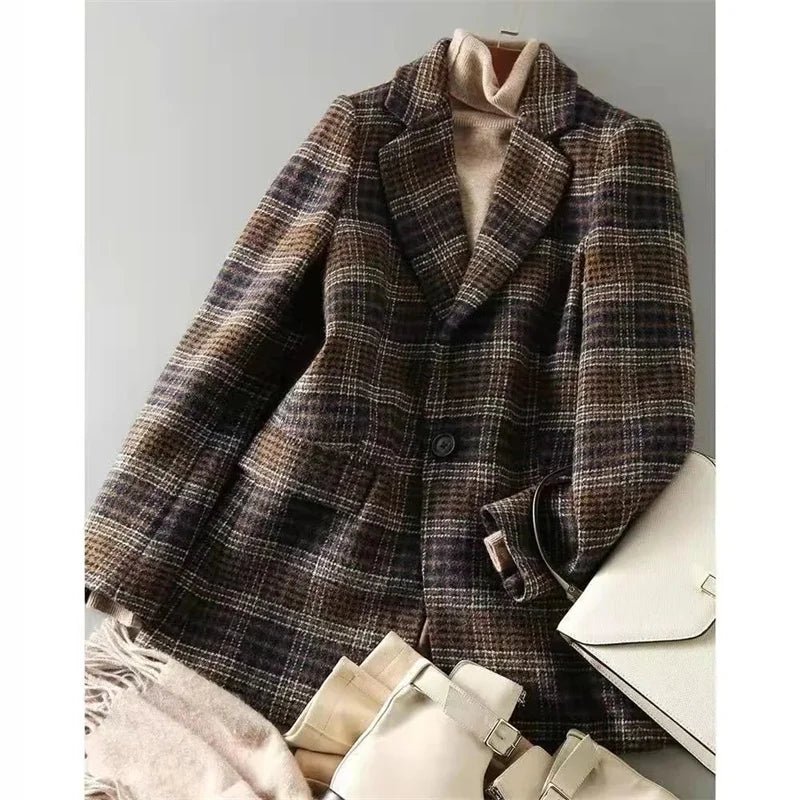 Loose Plaid Coat – Retro Wool Blend Style - LunaKit.LTD