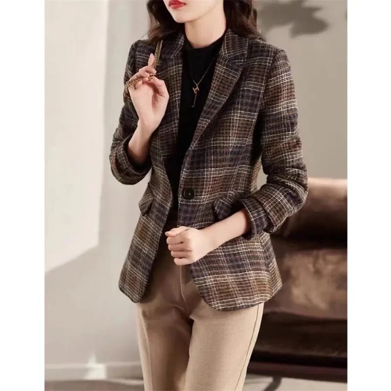 Loose Plaid Coat – Retro Wool Blend Style - LunaKit.LTD