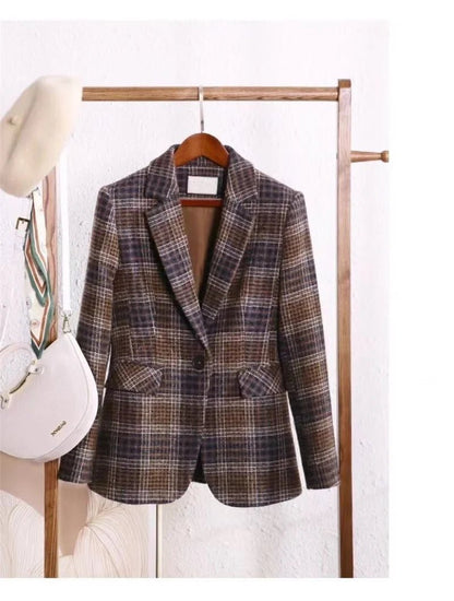 Loose Plaid Coat – Retro Wool Blend Style - LunaKit.LTD