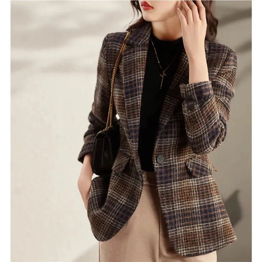 Loose Plaid Coat – Retro Wool Blend Style - LunaKit.LTD