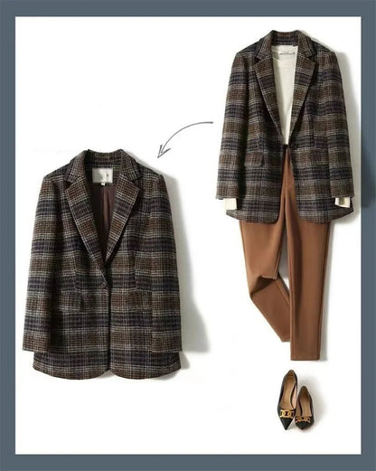 Loose Plaid Coat – Retro Wool Blend Style - LunaKit.LTD