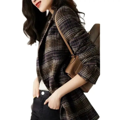 Loose Plaid Coat – Retro Wool Blend Style - LunaKit.LTD