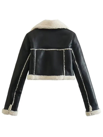 Patchwork Leather Jacket – Short Fur Collar Chic - LunaKit.LTD