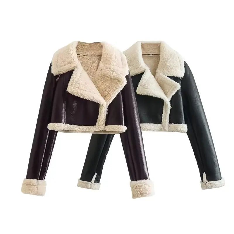 Patchwork Leather Jacket – Short Fur Collar Chic - LunaKit.LTD