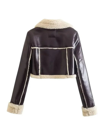 Patchwork Leather Jacket – Short Fur Collar Chic - LunaKit.LTD