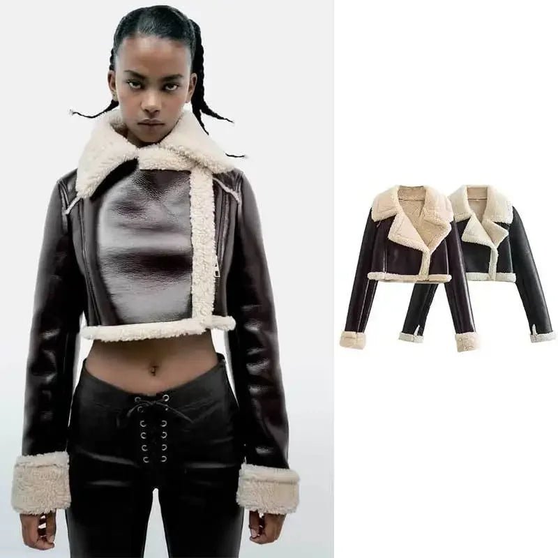 Patchwork Leather Jacket – Short Fur Collar Chic - LunaKit.LTD