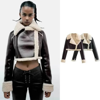 Patchwork Leather Jacket – Short Fur Collar Chic - LunaKit.LTD