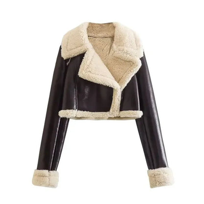 Patchwork Leather Jacket – Short Fur Collar Chic - LunaKit.LTD