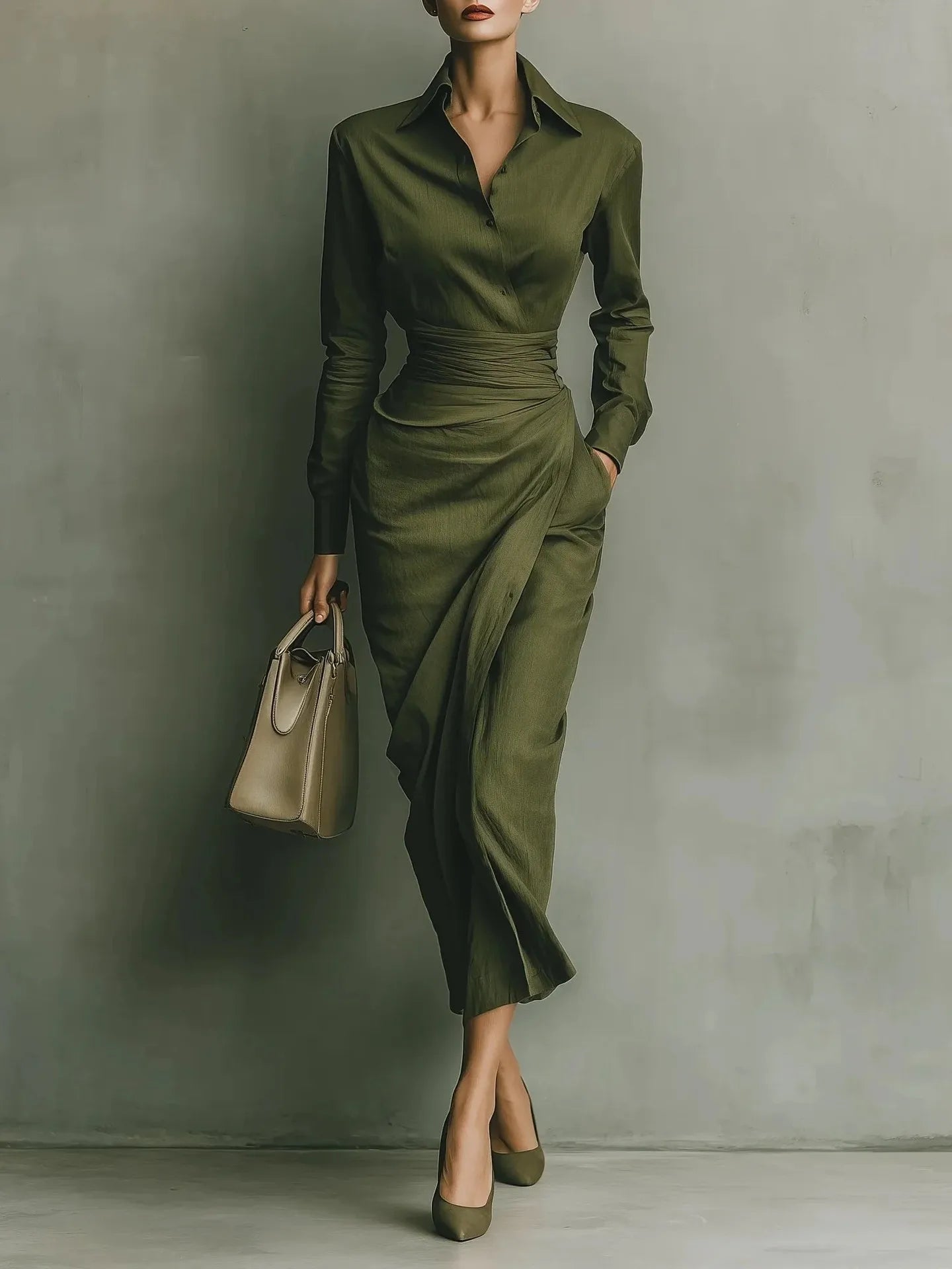 Patchwork Turn - Down Collar Midi Dress – Slim Fit - LunaKit.LTD