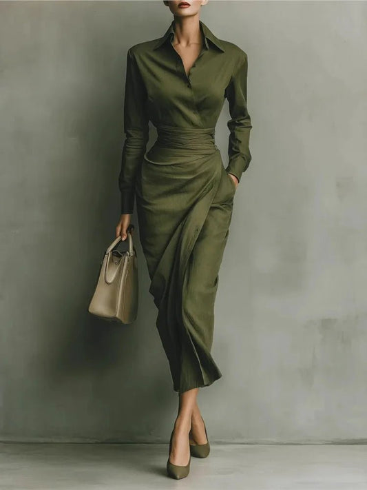 Patchwork Turn - Down Collar Midi Dress – Slim Fit - LunaKit.LTD