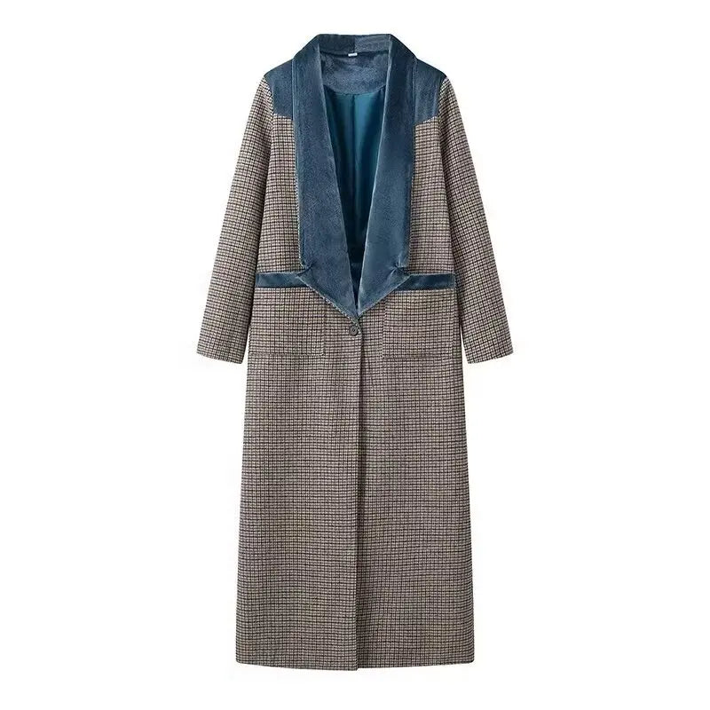 Plaid Long Coat with Velvet Lapel – Vintage Blue Detail - LunaKit.LTD