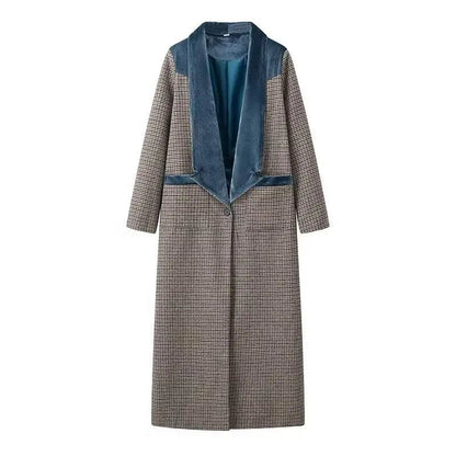 Plaid Long Coat with Velvet Lapel – Vintage Blue Detail - LunaKit.LTD