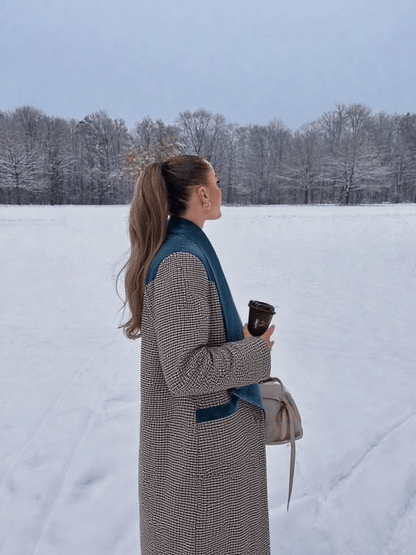 Plaid Long Coat with Velvet Lapel – Vintage Blue Detail - LunaKit.LTD