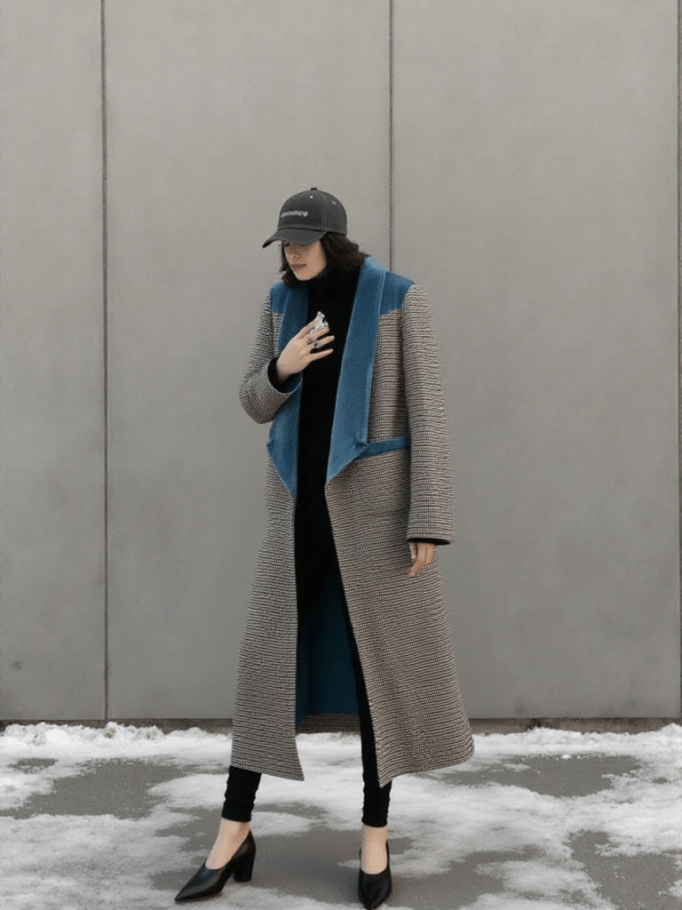 Plaid Long Coat with Velvet Lapel – Vintage Blue Detail - LunaKit.LTD