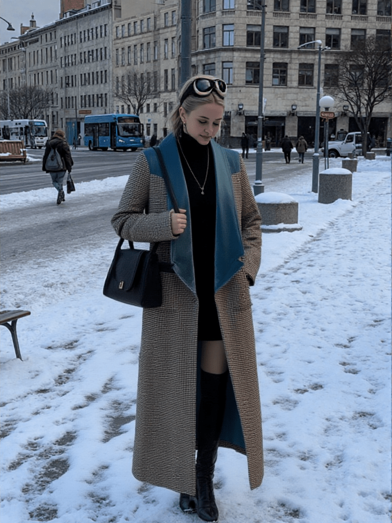 Plaid Long Coat with Velvet Lapel – Vintage Blue Detail - LunaKit.LTD