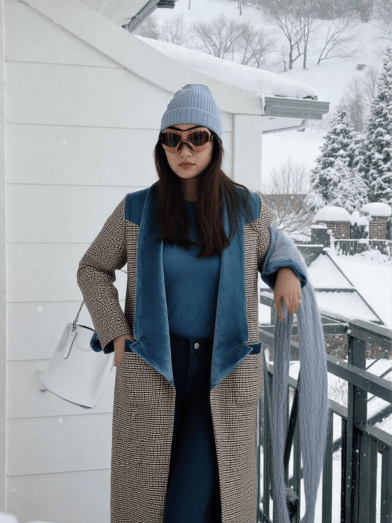 Plaid Long Coat with Velvet Lapel – Vintage Blue Detail - LunaKit.LTD