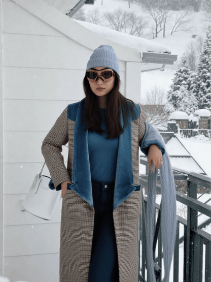 Plaid Long Coat with Velvet Lapel – Vintage Blue Detail - LunaKit.LTD