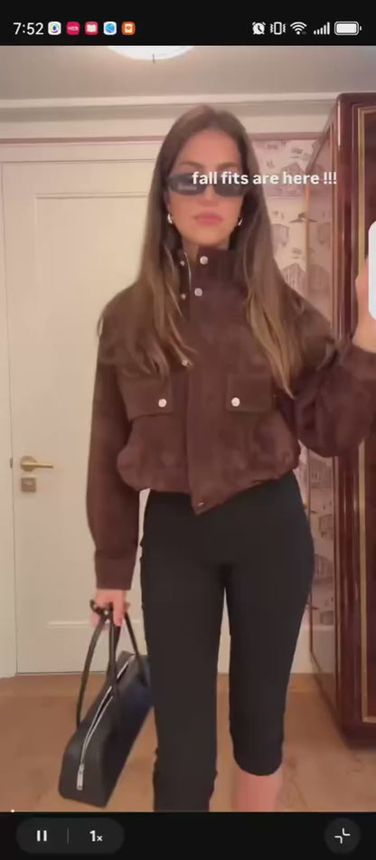 Suede Bomber Jacket – Minimal Button-Up Design