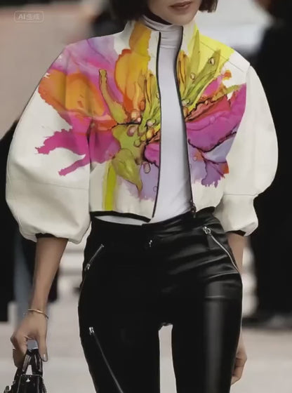 Printed Puff-Sleeve Jacket – Chic Loose Fit Outerwear