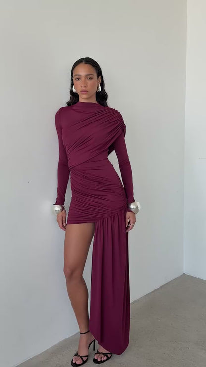 Asymmetric Draped Evening Dress – One-Shoulder High Slit
