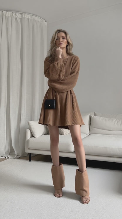 Corduroy Mini Dress – Puff Sleeves & Belted Waist